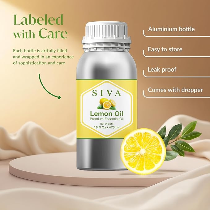 Siva Lemon Essential Oil - 16 Fl Oz – 100% Natural Lemon Oil - for Diffuser, Face, Skin Care, Aromatherapy, Hair Care, Scalp and Body Massage SIVAOrganics