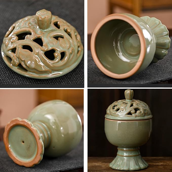 Ceramic Incense Burner with Lid,Boshan Incense Cone Holder for Coil Incense and Powder Incense,Mediation Gift,Home Decor (Green) - Bloomnest