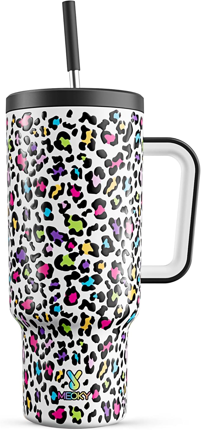 Meoky 40 oz Tumbler with Handle and Straw, Tumbler with Lid and Straw, Insulated Stainless Steel Travel Mug, 100% Leak-proof, Keeps Cold for 34 Hours or Hot for 10 Hours (Neon Leopard) - Bloomnest
