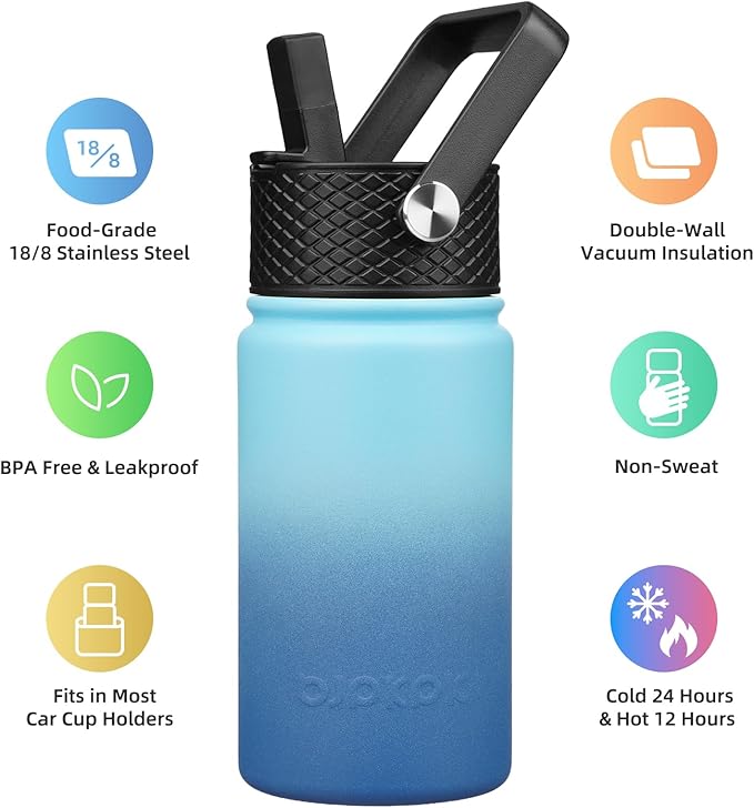 BJPKPK Insulated Water Bottle with Straw Lid, 15oz Cute Water Bottles, Stainless Steel Metal Thermo, Reusable BPA Free Leak Proof Tumblers, Cups,Sky - Bloomnest