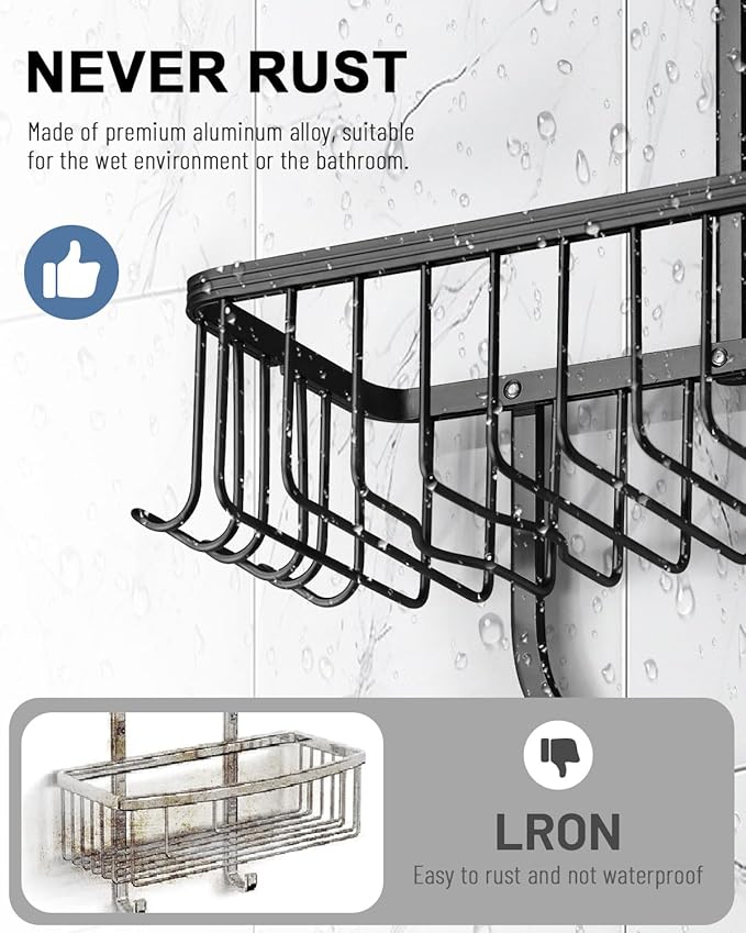 Shower Caddy Hanging - Never Rust Shower Hanging Organizer - Aluminum Over the ShowerHead Caddy with Soap Basket and 6 Hooks for Razor/Sponge (Black) - Bloomnest