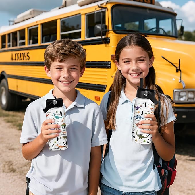 Alphabet Dinosaur Water Bottle for Boys, 16oz Kids Stainless Steel Insulated Water Bottle with Straw Lid, Dinosaur Dino Cup Tumbler Gifts for School - Bloomnest