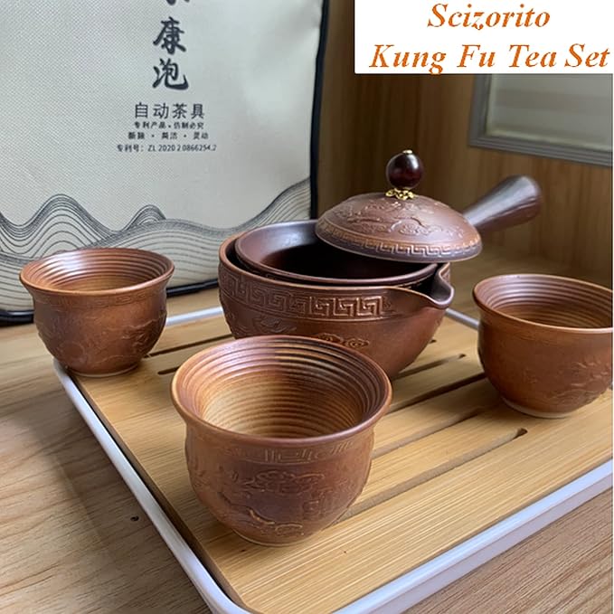 Ceramic Portable Travel Tea Set, Chinese Kungfu Tea Set with 360 Rotation Teapot and Infuser, 4 Tea Cups, Tea Tray And Travel Bag (Carved Dragon)