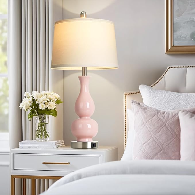 27" Pink Double Gourd Ceramic Lamps for Bedroom, Modern Ceramic Living Room Lamp with USB A+C Ports, Cute Bedside Table Lamps Set of 2, Tall Lamp for Night Stand Side End Table Home Decor - Bloomnest