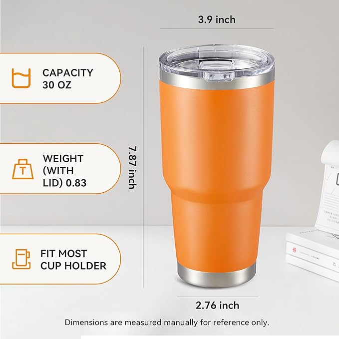 30 oz Tumbler with Lid Stainless Steel Tumblers Vacuum Insulated Cup Reusable Powder Coated Travel Mug Double Wall Leak Proof Portable Cups Keep Cold Drinks for 12 Hours, Orange, 1 Pack - Bloomnest