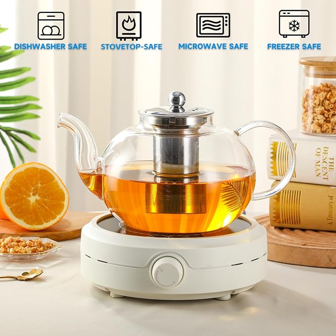 50OZ/1500ML Glass Teapot Set with 4 Double Wall Teacups & Removable Infuser, Stovetop & Microwave Safe Clear Tea Maker Water Kettle with 7OZ/200ML Tea Cups for Loose Leaf Blooming Tea - Bloomnest