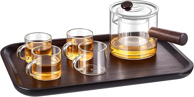 Bokon 8 Pcs Chinese Gongfu Tea Set Portable Fluted Glass Teapot with Infusers 6 Transparent Glass Cups and Bamboo Gongfu Tea Tray for Home Travel Office Outdoor Gifts