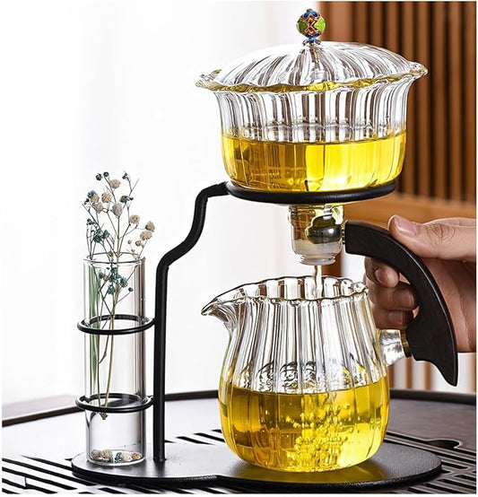 Lazy Kungfu Magnetic Tea Pot, Semi Automatic Glass Teapot, Lazy Kungfu Drip Teapot, Magnetic Attraction Water Rotating Cover Bowl Suitable for Home/Office Reception Tea Set - Bloomnest
