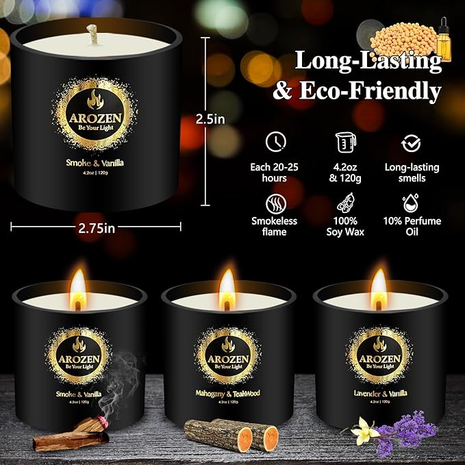 3 Pack Scented Candles Set | Men Candle Gift Set, Aromatherapy Scented Candles for Home, Gifts for Men Dad Fathers Day, Soy Candle of Lavender, Mahogany Teakwood & Smoke Vanilla,70H Burn Time - Bloomnest