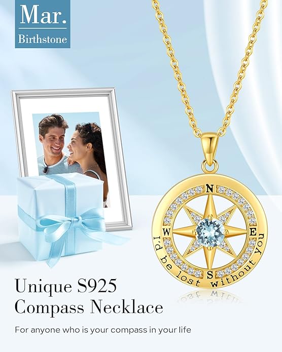 S925 Necklace Gift for Wife |Compass Jewelry |Women Anniversary |Sterling Silver |Girlfriend Birthday Gifts for Her Valentines |I'd be Lost without You |Jewel 18K Gold - Bloomnest