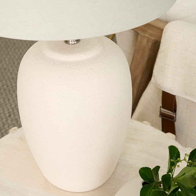 Nourison Home 23" Natural White Ceramic Jar Table Lamp for Bedroom, Living Room, Dining Office, with Off-White Shade - Bloomnest