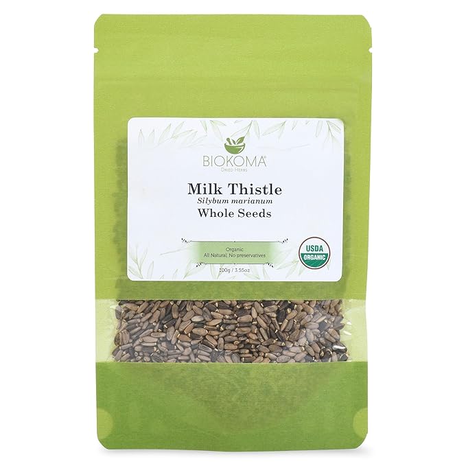 Biokoma Pure and Organic Milk Thistle Whole Seeds 100g (3.55oz) in Resealable Moisture Proof Pouch, USDA Certified Organic - Herbal Tea, No Additives, No Preservatives, No GMO, Kosher - Bloomnest