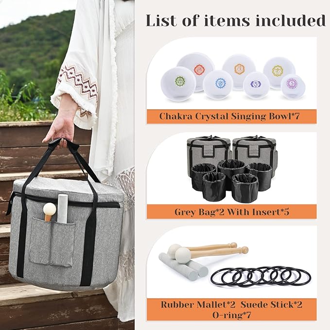 CVNC 432HZ 7-12 Inch Chakra Symbol Design Frosted Quartz Crystal Singing Bowl with 2 PCS Travel Carry Case Bag for Sound Healing - Bloomnest