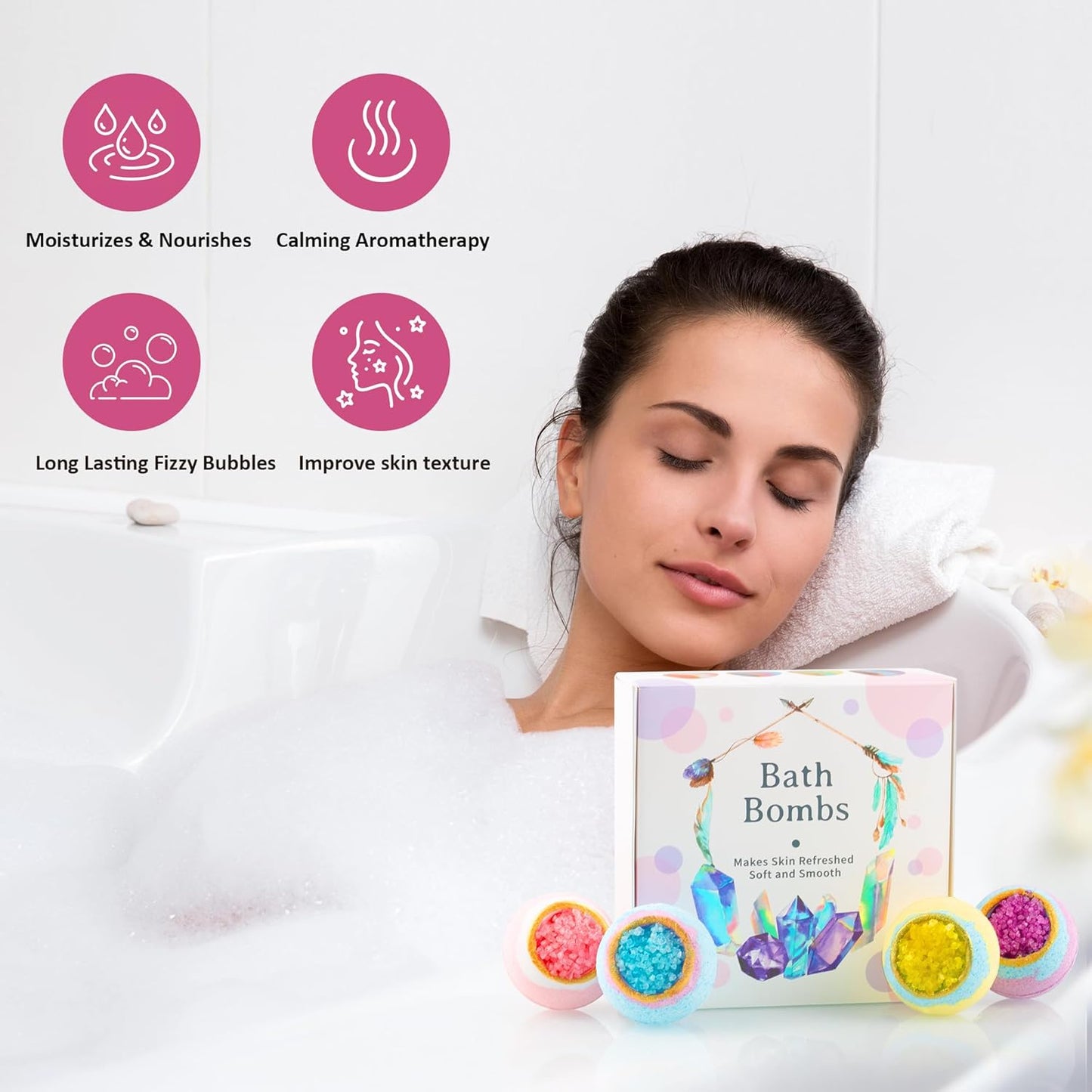 4 Pcs Crystal Sea Salt Bath Bomb Set – Natural Essential Oil Bath Fizzies, Organic Relaxing Bubble Bath, Self-Care Gift Set for Her, Him, Wife, Girlfriend, Perfect Holiday Gift