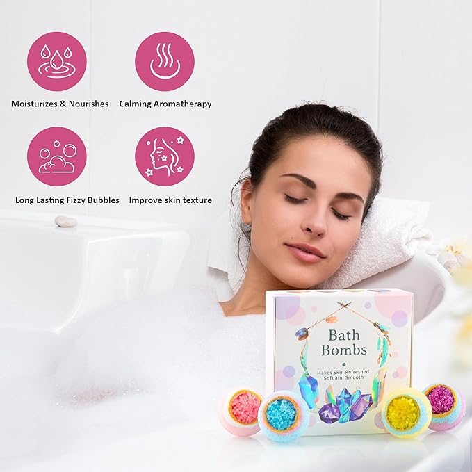4 Pcs Crystal Sea Salt Bath Bomb Set – Natural Essential Oil Bath Fizzies, Organic Relaxing Bubble Bath, Self-Care Gift Set for Her, Him, Wife, Girlfriend, Perfect Holiday Gift - Bloomnest
