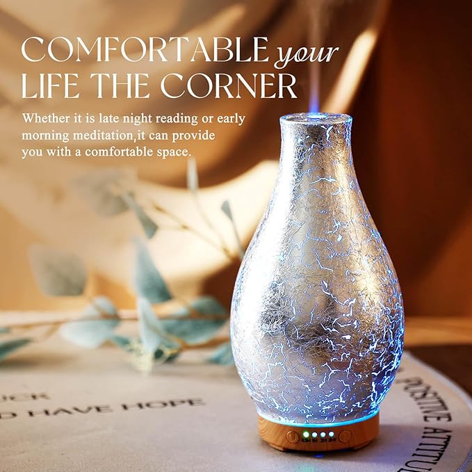 Porseme 100ml Silver-Plated Volcano Essential Oil Diffuser 3D Glass - Elegant and Effective Aromatherapy with 7 Color Changing LEDs and Waterless Auto-Off BPA Free for Home Yoga Leisure SPA Gift Porseme