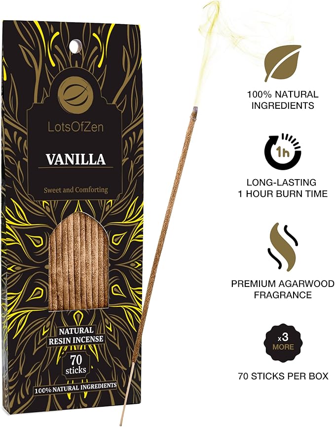 Vanilla Incense Sticks, 70 Pack – Hand-Rolled, 8-Inch Long, Long-Burning – Natural Vanilla Aroma for Meditation, Relaxation, and Calm Home Atmosphere LotsOfZen