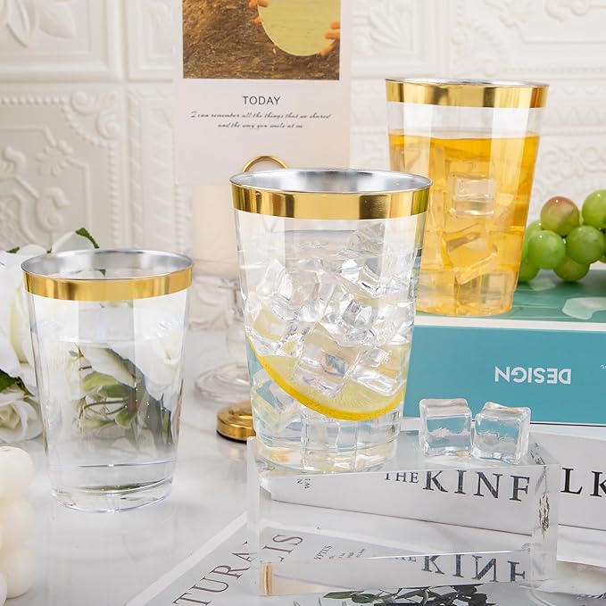 I00000 200 Pack 12 oz Gold Plastic Cups, Clear Disposable Cups, Disposable Plastic Wine Glasses Cocktail Glasses Premium Cups with Gold Rim, 12 Ounce Tumblers for Party & Wedding - Bloomnest