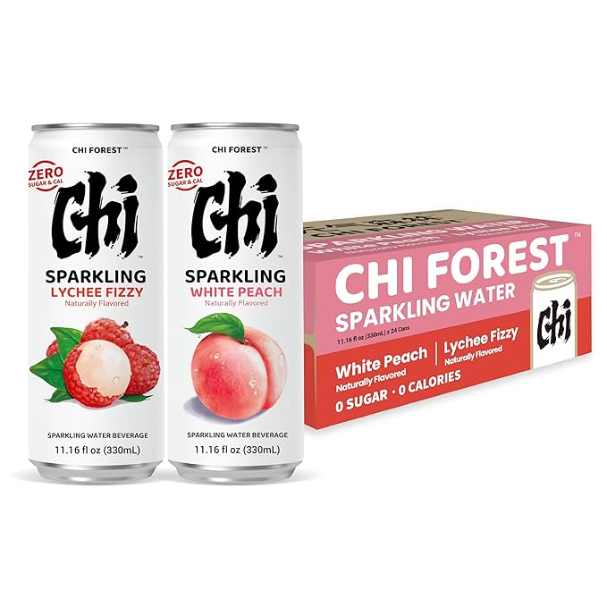 CHI FOREST Sparkling Water Beverage, Lychee & White Peach, 2 Flavors, Zero Sugar, 11.16 fl oz Cans (Pack of 24) - Bloomnest