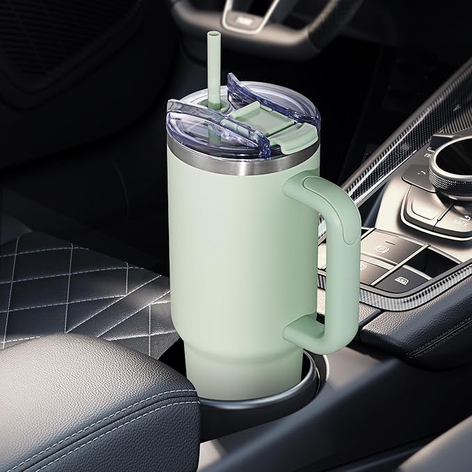 COKTIK 40 oz Tumbler With Handle and Straw Lid, Vacuum Insulated Travel Coffee Mug Stainless Steel Insulated Cup for Beverages, Leak-proof, Cupholder Friendly (Seafoam) - Bloomnest