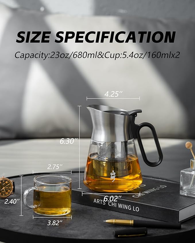ZENS Design Glass Teapot with Infuser with 2 Cups, 23oz Small Loose Leaf Steeper Pot with Stainless Steel Spout for Hot Tea Diffusers, Oval Handle Clear Tea Infusers Pot for Tea Lovers Gifts - Bloomnest