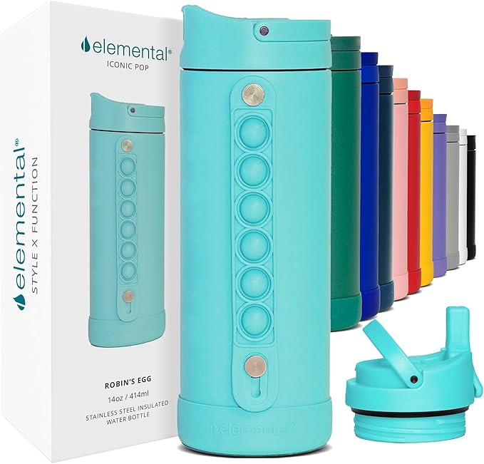 Elemental Iconic Kids Water Bottle for School - 100% Leak-Proof Insulated Water Bottles with Straw Lid & Pop-It Handle for Boys & Girls - Triple-Wall Insulated & BPA-Free, 14oz – Robin’s Egg - Bloomnest
