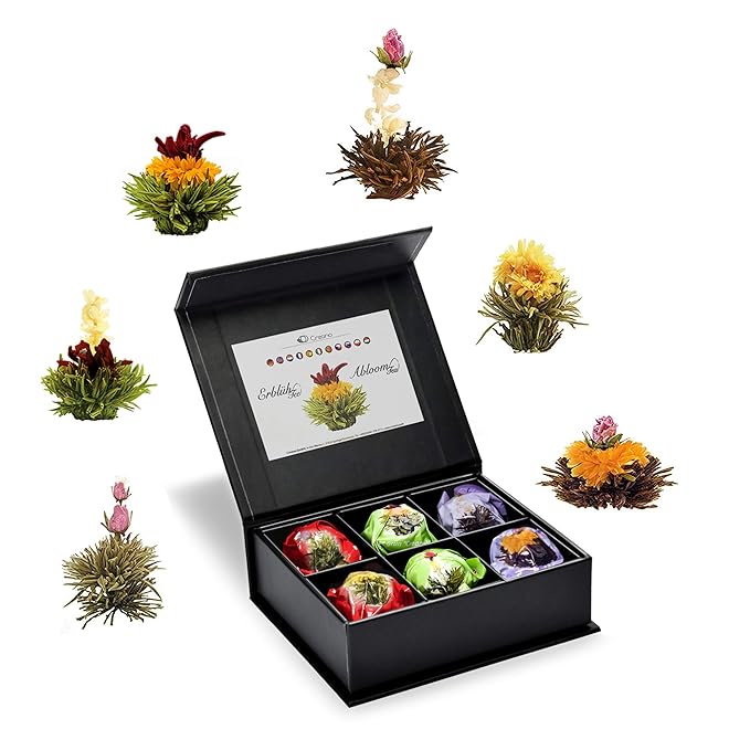 Creano Tea Flowers Mix 6pcs Set Blooming Tea, Green Tea, White Tea & Black Tea in Elegant Magnetic Box with Silver Embossing