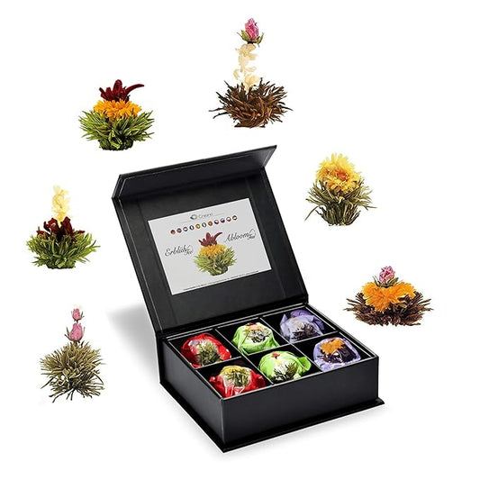 Creano Tea Flowers Mix 6pcs Set Blooming Tea, Green Tea, White Tea & Black Tea in Elegant Magnetic Box with Silver Embossing