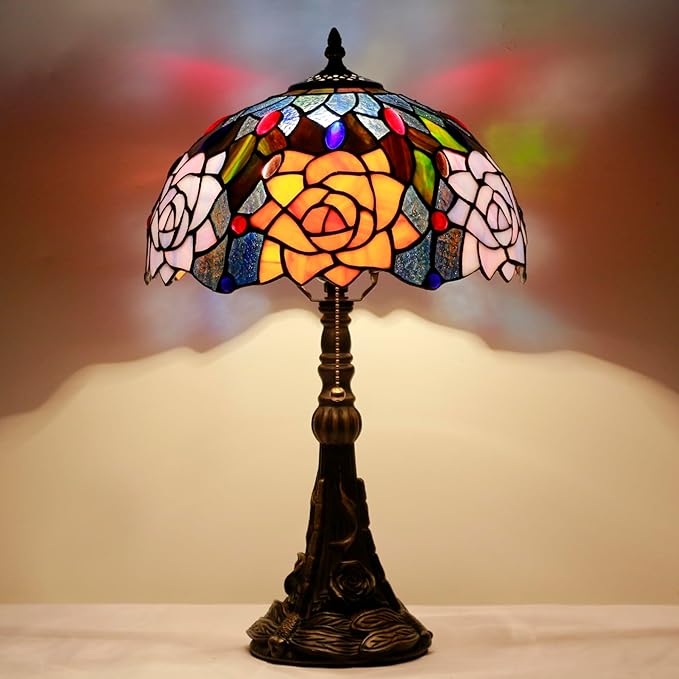 Tiffany Stained Glass Table Lamp 12X12X19 Inch Purple Orange Rose Flower Style Desk Bedroom Living Room Reading Light (Purple Orange Rose Flower) - Bloomnest