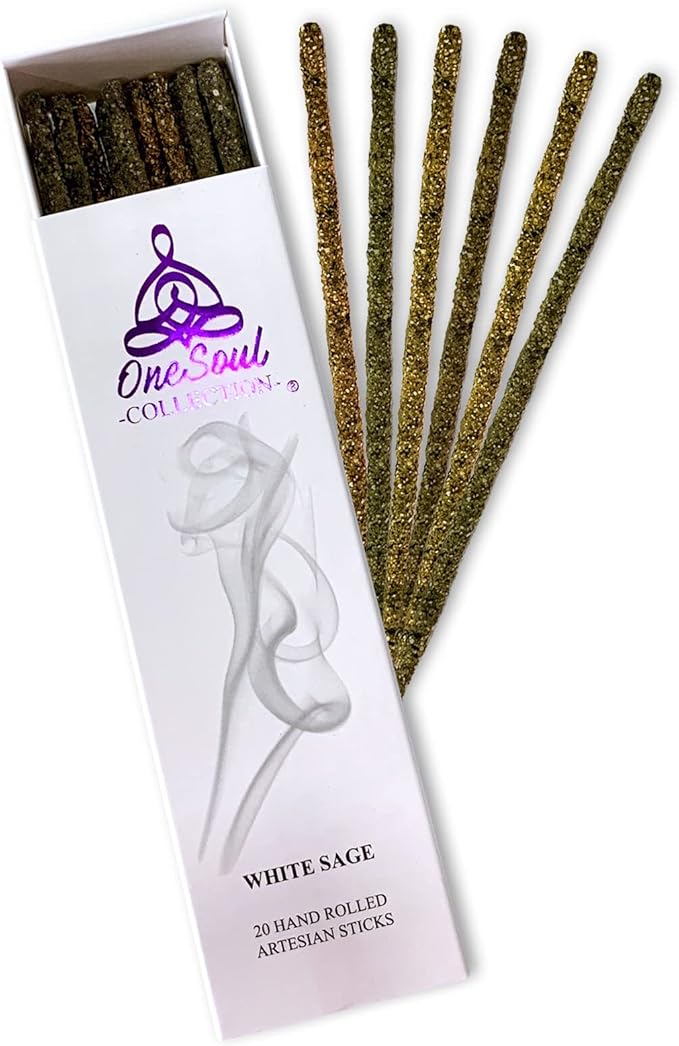 White Sage Smudge Incense Sticks, Natural Incense Sage Smudge Sticks, Insence-Sticks for Aromatherapy, Hand-Rolled Artisan Meditation Incense, 1-Hour Burn Time, 6 Inches, Pack of 20 OneSoulCollection%C2%AE