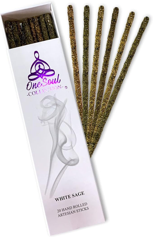 White Sage Smudge Incense Sticks, Natural Incense Sage Smudge Sticks, Insence-Sticks for Aromatherapy, Hand-Rolled Artisan Meditation Incense, 1-Hour Burn Time, 6 Inches, Pack of 20 OneSoulCollection%C2%AE