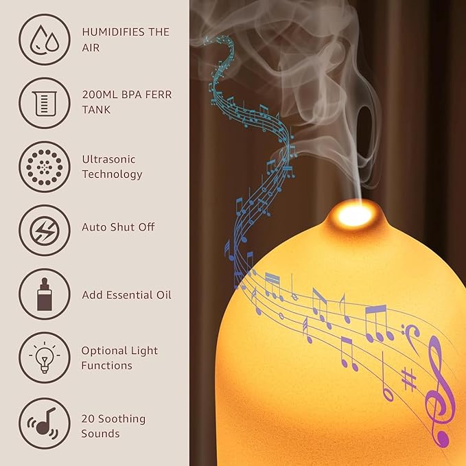 200ML White Noise Ceramic Diffuser,Sleep Sound Machine with 20 Natural Soothing Sounds, 7 Color Lights,Essential Oil Diffuser, Timer for Baby, Kids, Adults, Office, Home(Wood Grain) Upgrade - Bloomnest