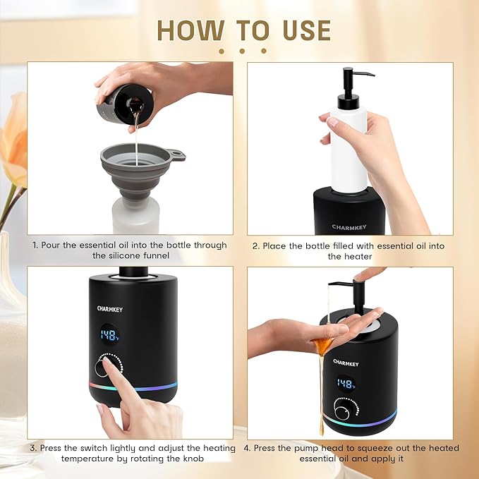 CHARMKEY Massage Oil Warmer Black, 2 Oil Bottle Dispensers & 2 Silicone Funnels, Digital Heater for SPA, Oil Lotion Cream for Salon, Barber Shops, Home - Bloomnest
