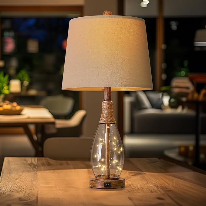 OYEARS 23" USB A+C Table Lamp for Bedroom Living Room Modern Bedside Lamps Retro Farmhouse Rattan Glass Nightstand Nightlight Lamps,Two Light Points - Bloomnest