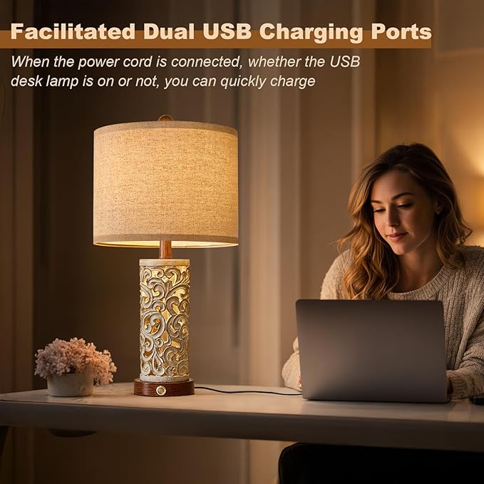 22" Dual Light Table Lamps Set of 2 for Living Room, Touch Lamp with 3-Level Dimming, USB A+C Table Lamp for Bedroom, Farmhouse Lamps for Night Stands(Brown, Bulb Included) - Bloomnest