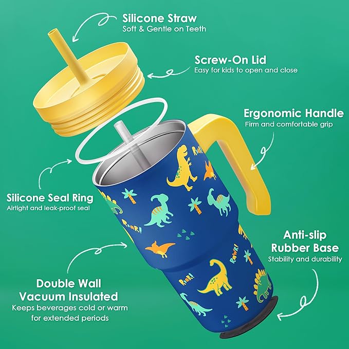 Dinosaur Tumbler 20oz with Handle and Silicone Straw Lid for Kid, Insulated Stainless Steel Cup, Gift for Kids Boys, Gifts Idea for Birthday Christmas Back to School - Bloomnest