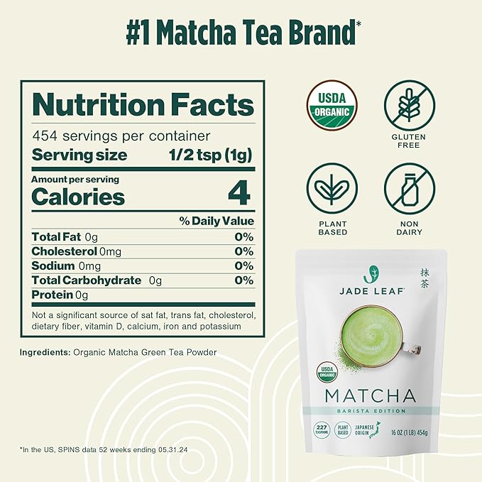 Jade Leaf Matcha Organic Premium Ceremonial Grade Matcha Green Tea Powder - Japanese - Culinary, Ingredient, Ceremonial Barista Teahouse, Latte, Collagen, 16 Ounce (Pack of 1), Ceremonial Barista - Bloomnest