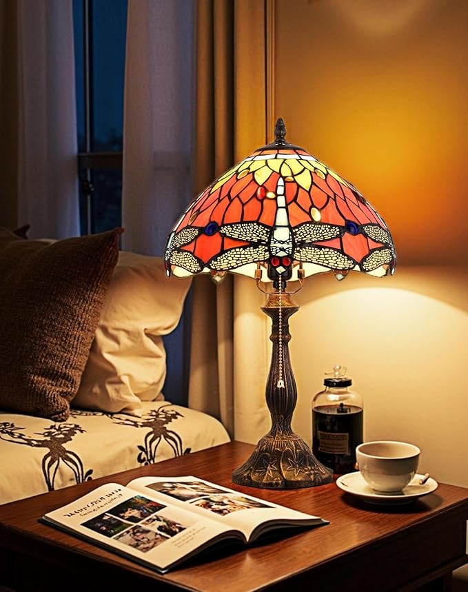 Tiffany Table Lamp, 12-inch Stained Glass Lamp for Living Room, Dining Room, Bedroom, Study Room, Office (Orange Dragonfly) - Bloomnest