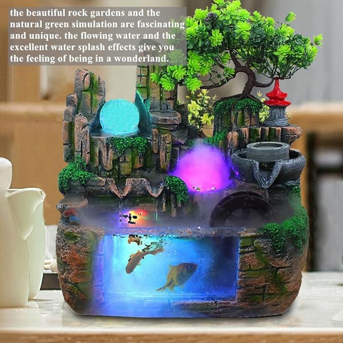 Atomizing Rockery Water Fountain Desktop Chinese Fengshui Tabletop Fountain Plants, Desktop Fountains, Atomizing Humidifier Fountain LED Lamp Waterfall for Home Office Bedroom Desk Decoration