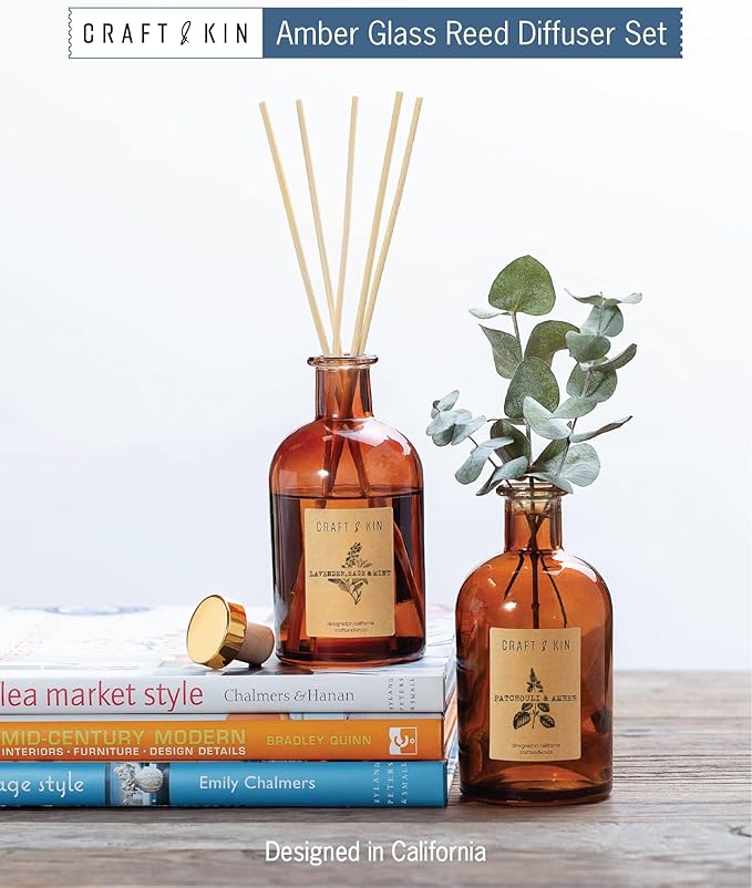 Craft & Kin Sage, Mint & Lavender Reed Diffuser | All Natural Essential Oil & 8 Rattan Scent Sticks | Reed Diffusers for Home, Bathroom | Long Lasting Home Fragrance in Amber Glass, 5.75oz CraftKin