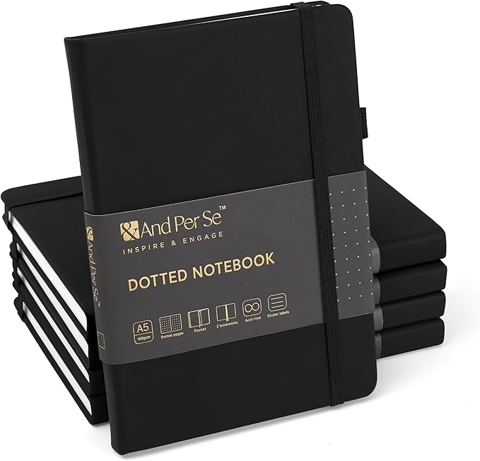 &And Per Se Dotted Journal Notebook (5 Packs), A5 Hardcover Leather Dotted Journal, 160 Pages 100 gsm Thick Paper, 3 Sheets of Stickers Included- 5.7'' x 8'' (Black - Bloomnest