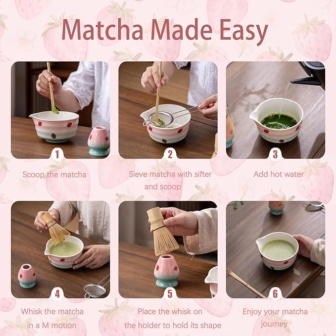 Matcha Whisk Set, Matcha Bowl with Spout, Matcha Whisk and Holder, Bamboo Matcha Scoop and Stainless Sifter,Ceramic Matcha Bowl(Pink Green) - Bloomnest