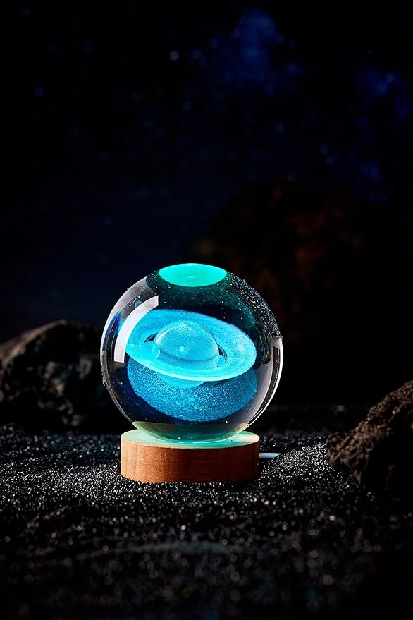 3D Large Saturn Crystal Ball Night Light with Wooden Base, Solar System Crystal Lamp Gift for Kids Wife Friends, 16 Color Changing with Remote Control, 3.15 inch Planet Glass Ball Lamp (Saturn) - Bloomnest