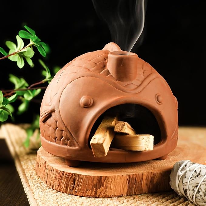 Large Fish-Shaped Terracotta Palo Santo Holder - Cone Burner for Sage,Chiminea Incense Dish with Chimney,Ideal for Meditation, Zen, Yoga, Spa & Wellness | Anxiety & Stress Relief Items MOUGIGI