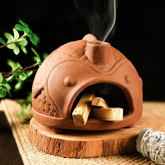 Large Fish-Shaped Terracotta Palo Santo Holder - Cone Burner for Sage,Chiminea Incense Dish with Chimney,Ideal for Meditation, Zen, Yoga, Spa & Wellness | Anxiety & Stress Relief Items MOUGIGI