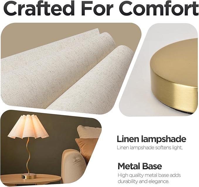 KUNJOULAM Modern Table Lamp, 3 Way Dimmable Touch Lamp USB C Charging Ports, Umbrella Form Fabric Lampshade Desk Lamp for Living Room Bedroom Home Office - Bloomnest