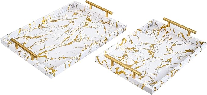 Modern Decorative Tray Set of 2 - White and Gold Marble Wood Serving Tray with Gold Polished Metal Handles for Ottoman, Coffee Table, Bathroom and More - Bloomnest