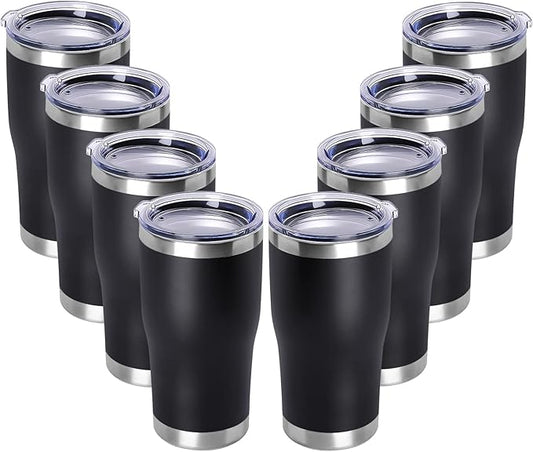DOMICARE 20oz Tumbler with Lid Stainless Steel Tumblers Bulk, Double Wall Vacuum Insulated Coffee Travel Mug Powder Coated Tumbler, 8 Count (Pack of 1) Black