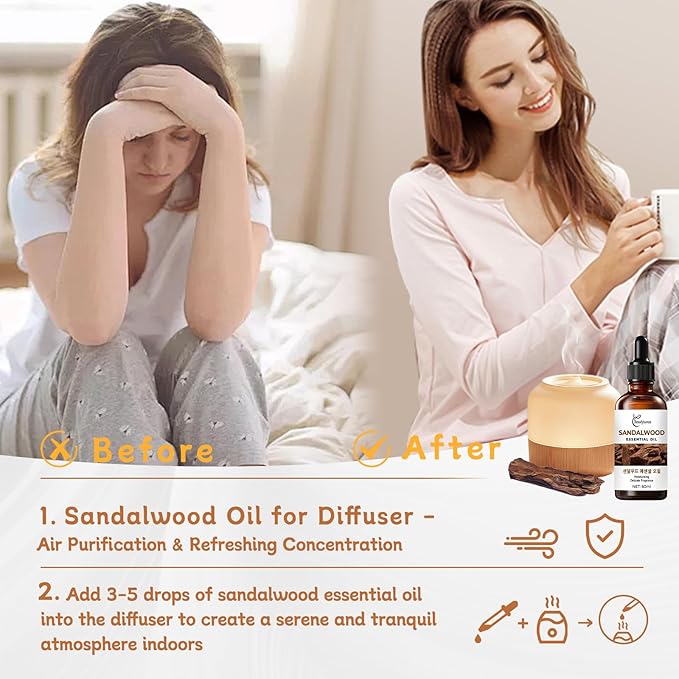 Sandalwood Essential Oil – Natural Premium Grade Aromatherapy Oil, Skin Care – Undiluted Therapeutic Oil with Dropper, 60ml Amber Glass Bottle OKADY
