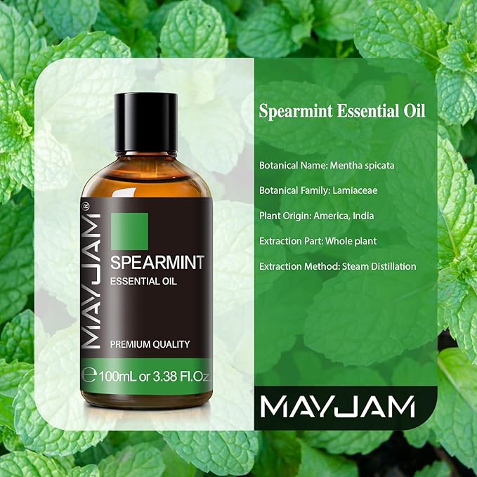 Spearmint Essential Oil, MAYJAM Pure Essential Oils for Diffusers, 3.38FL.OZ/100ML Large Volume Spearmint Oil for Facial Hair with Premium Glass Dropper - Bloomnest